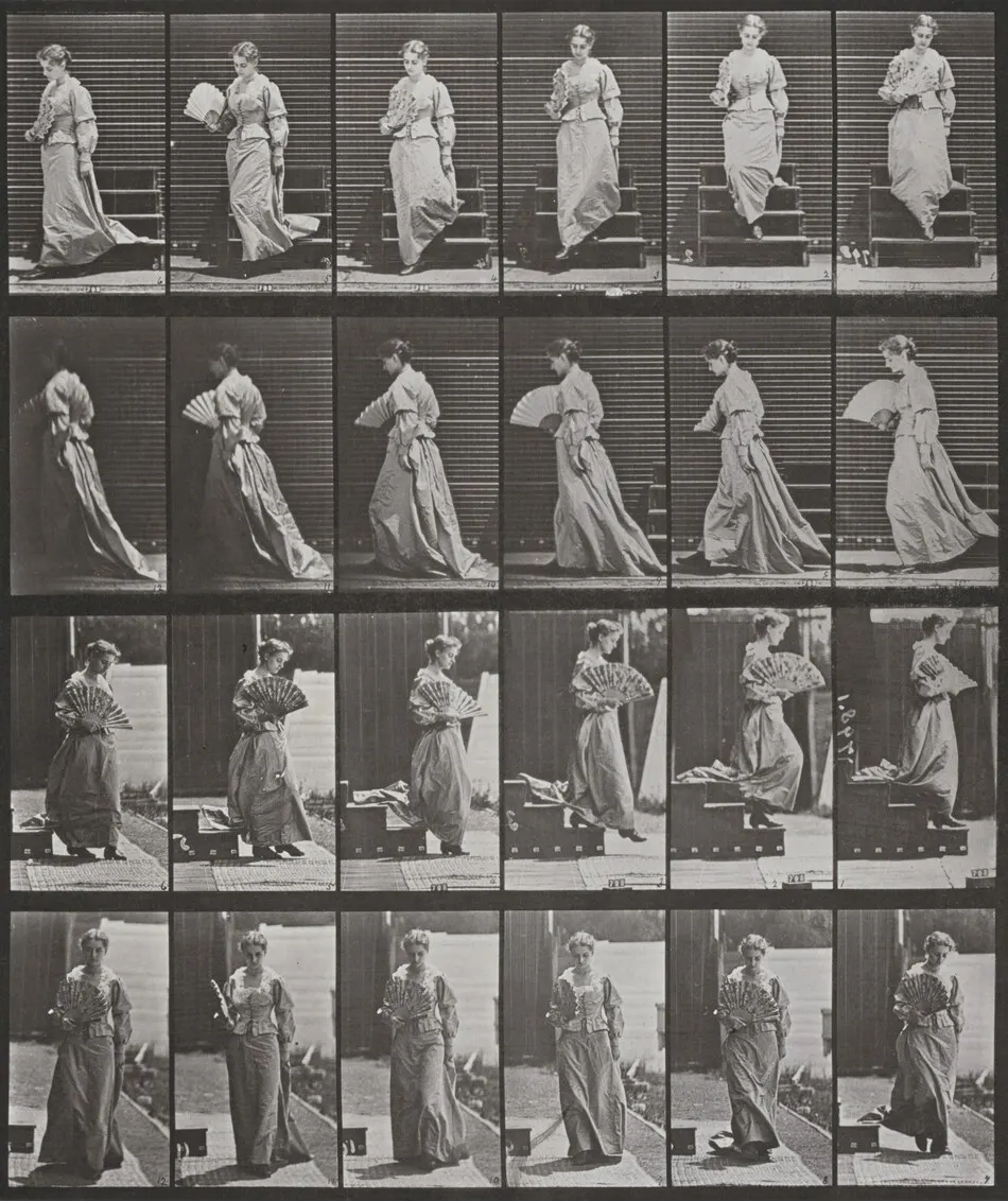 Plate Number 141. Descending stairs, turning and flirting a fan by Eadweard Muybridge
