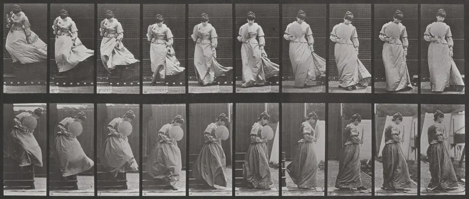 Plate Number 142. Descending stairs and turning, dress caught by Eadweard Muybridge
