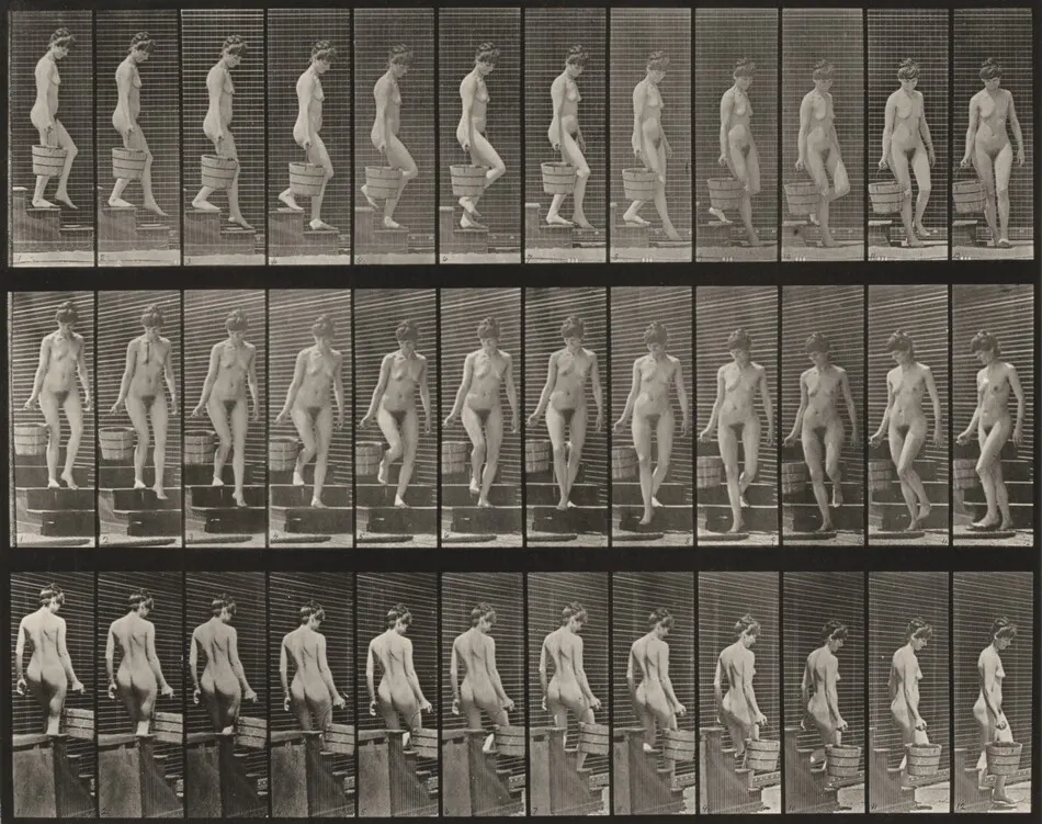 Plate Number 145. Descending stairs and turning with a bucket of water in right hand by Eadweard Muybridge