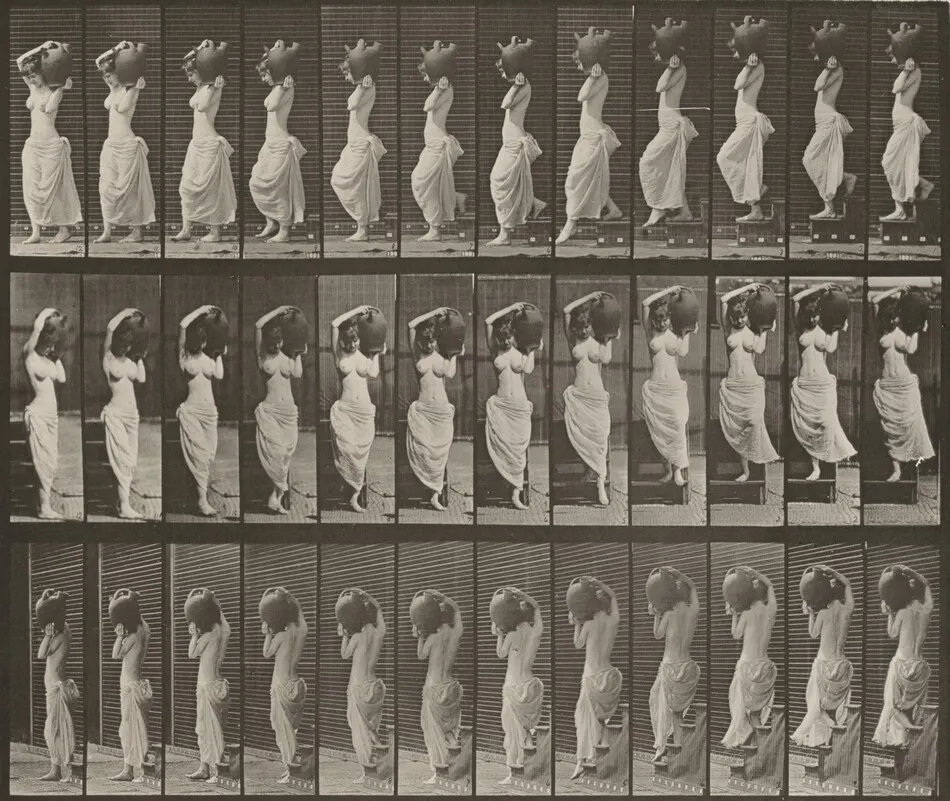 Plate Number 146. Descending stairs and turning, a water jar on left shoulder by Eadweard Muybridge