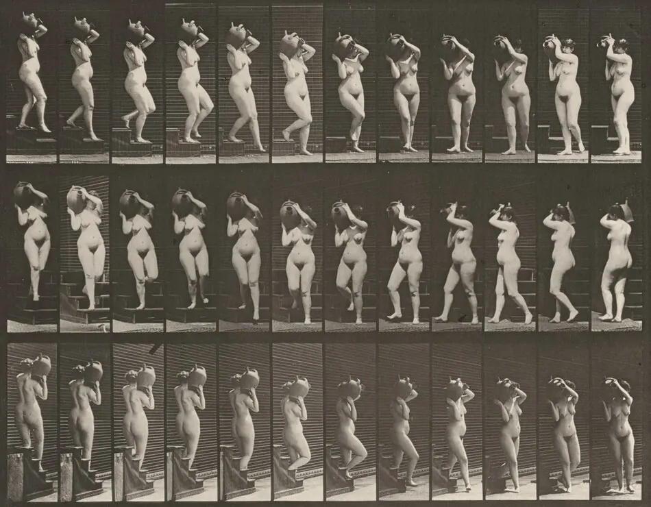 Plate Number 147. Descending stairs and turning with a water jar on right shoulder by Eadweard Muybridge