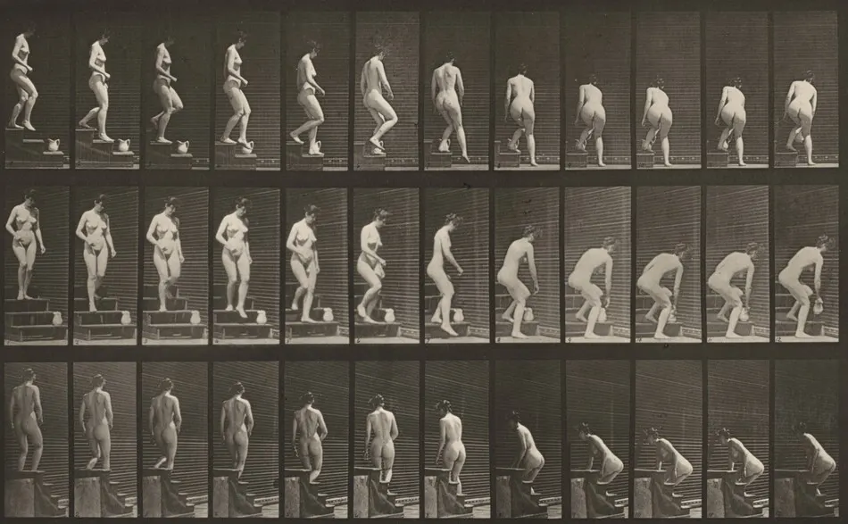 Plate Number 149. Descending stairs and stooping to lift a pitcher by Eadweard Muybridge