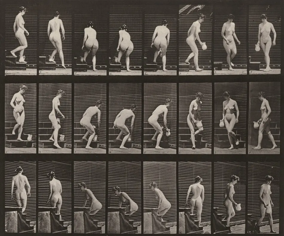 Plate Number 150. Descending stairs, stooping, lifting a pitcher and turning by Eadweard Muybridge