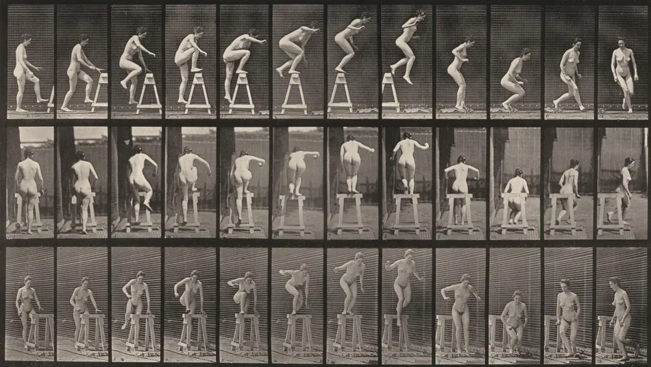 Plate Number 171. Stepping up on a trestle, jumping down and turning by Eadweard Muybridge
