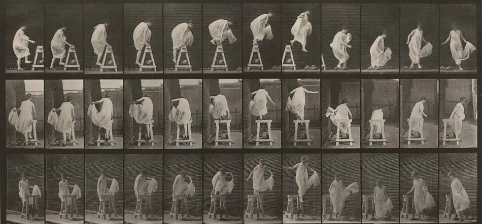 Plate Number 172. Stepping up on a trestle, jumping down and turning by Eadweard Muybridge