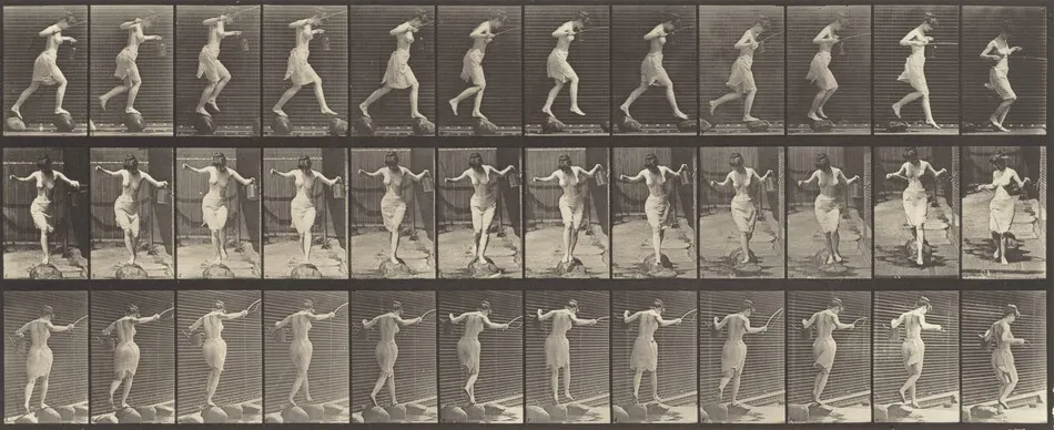 Plate Number 175. Crossing brook on stepping-stones with a fishing pole and can by Eadweard Muybridge