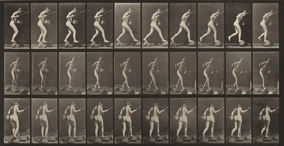 Plate Number 176. Crossing brook on stepping-stones with fishing pole and a basket by Eadweard Muybridge