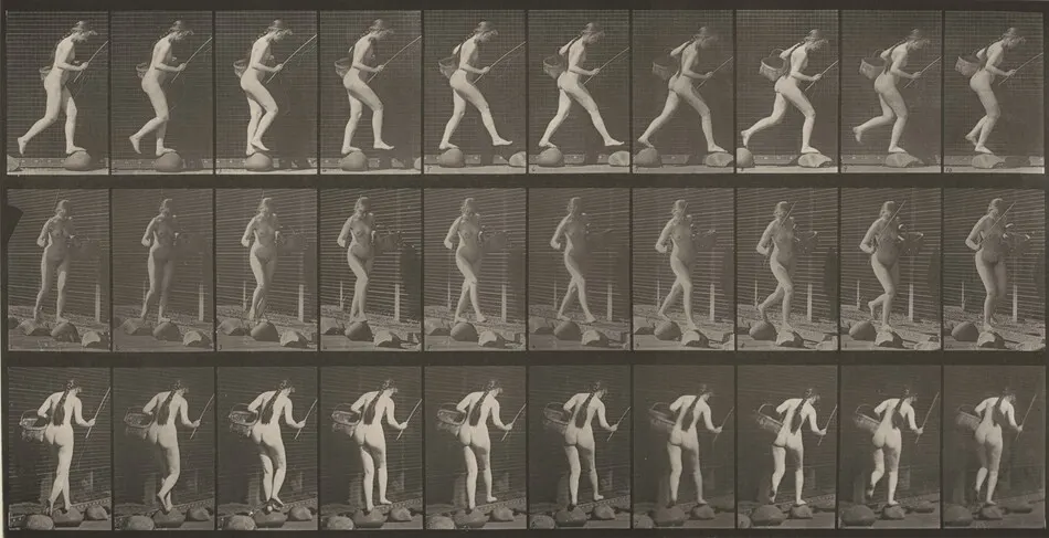 Plate Number 177. Crossing brook on stepping-stones with fishing pole and a basket by Eadweard Muybridge