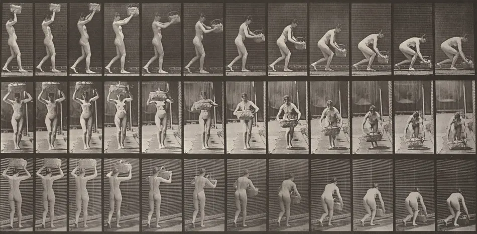 Plate Number 201. Taking a 12-lb. basket from head and putting it on the ground by Eadweard Muybridge