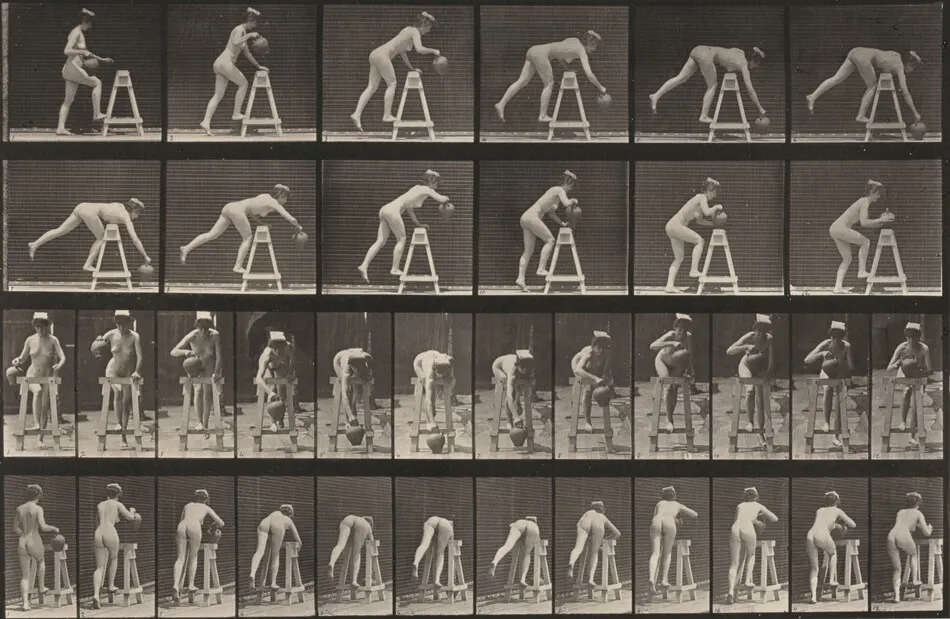 Plate Number 203. Bending over a trestle with a water jar by Eadweard Muybridge