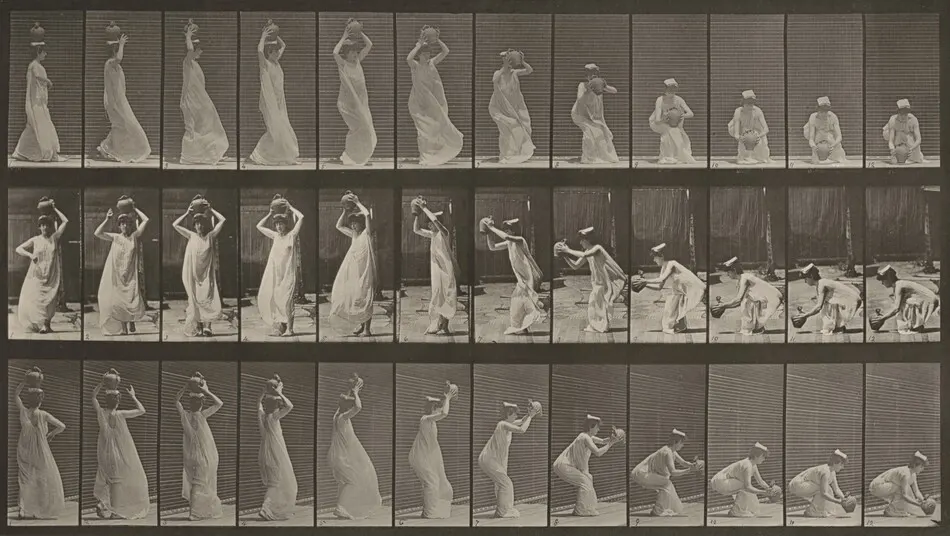 Plate Number 206. Carrying a water jar on head, turning and placing it on the ground by Eadweard Muybridge