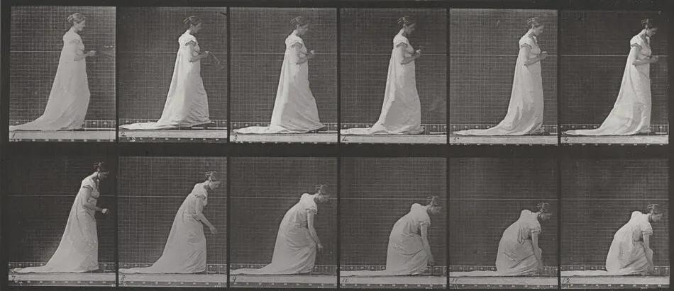 Plate Number 208. Dropping a fan and stooping to lift it by Eadweard Muybridge
