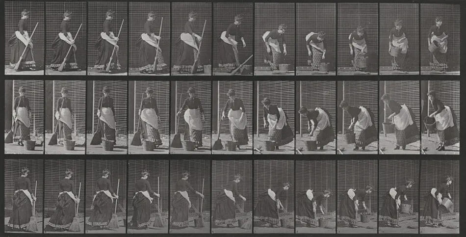 Plate Number 212. Dropping a broom and lifting a bucket of water by Eadweard Muybridge