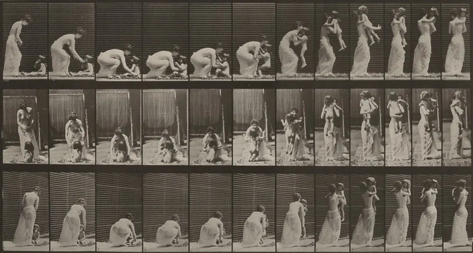 Plate Number 214. Lifting a child from the ground and turning around by Eadweard Muybridge