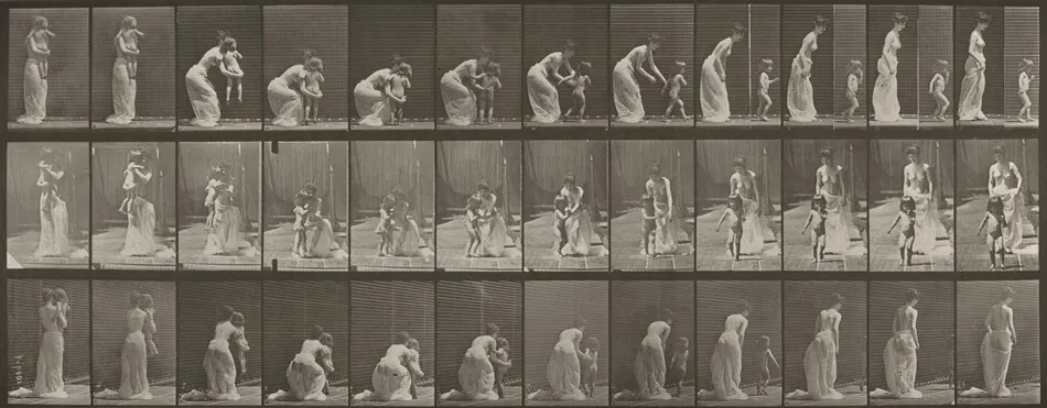 Plate Number 215. Placing a child on the ground; the child running off by Eadweard Muybridge