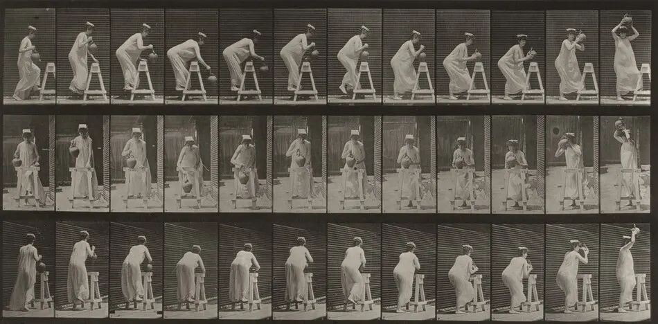 Plate Number 216. Bending to fill a water jar, placing it on head by Eadweard Muybridge