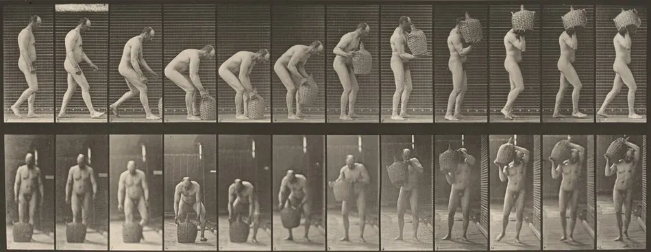 Plate Number 218. Stooping and lifting a full demijohn to shoulder by Eadweard Muybridge