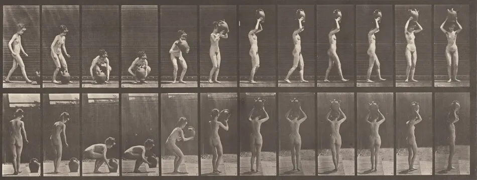 Plate Number 222. Stooping, lifting a water jar to head and turning by Eadweard Muybridge