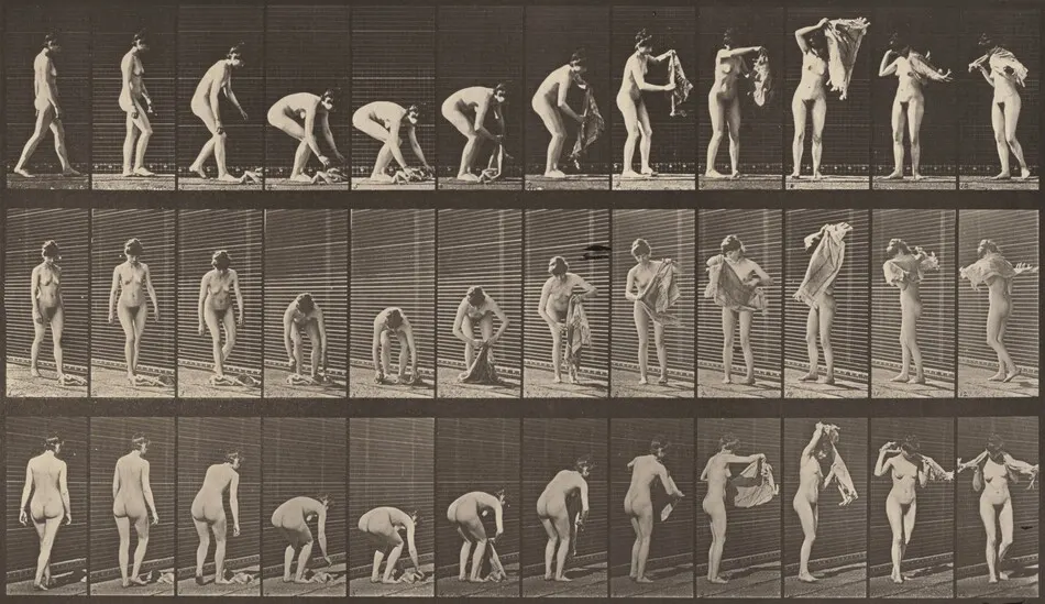 Plate Number 227. Lifting a cloth from the ground, placing it around shoulder and turning by Eadweard Muybridge