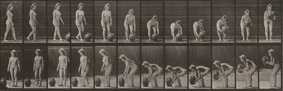 Plate Number 228. Turning and lifting a water jar from the ground by Eadweard Muybridge
