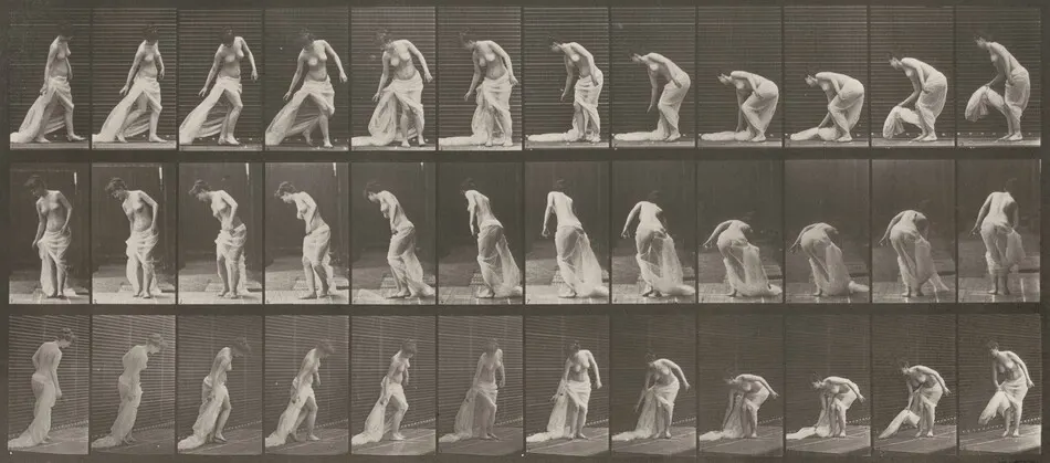 Plate Number 232. Stooping to lift train and turning by Eadweard Muybridge