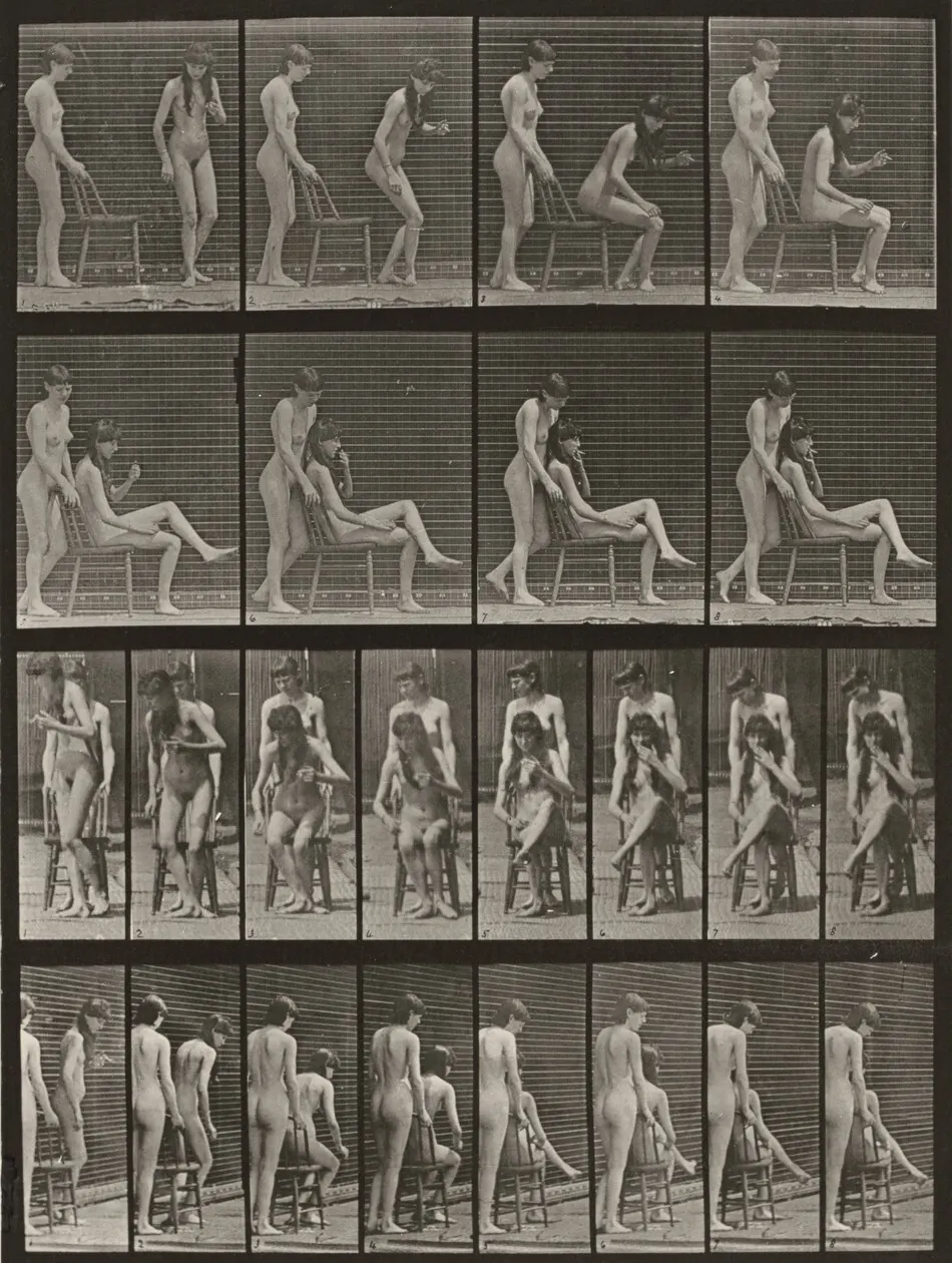 Plate Number 239. One woman standing, another sitting and crossing legs by Eadweard Muybridge