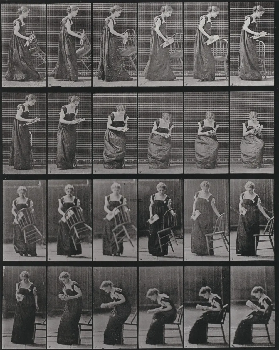 Plate Number 241. Placing a chair, sitting and reading by Eadweard Muybridge