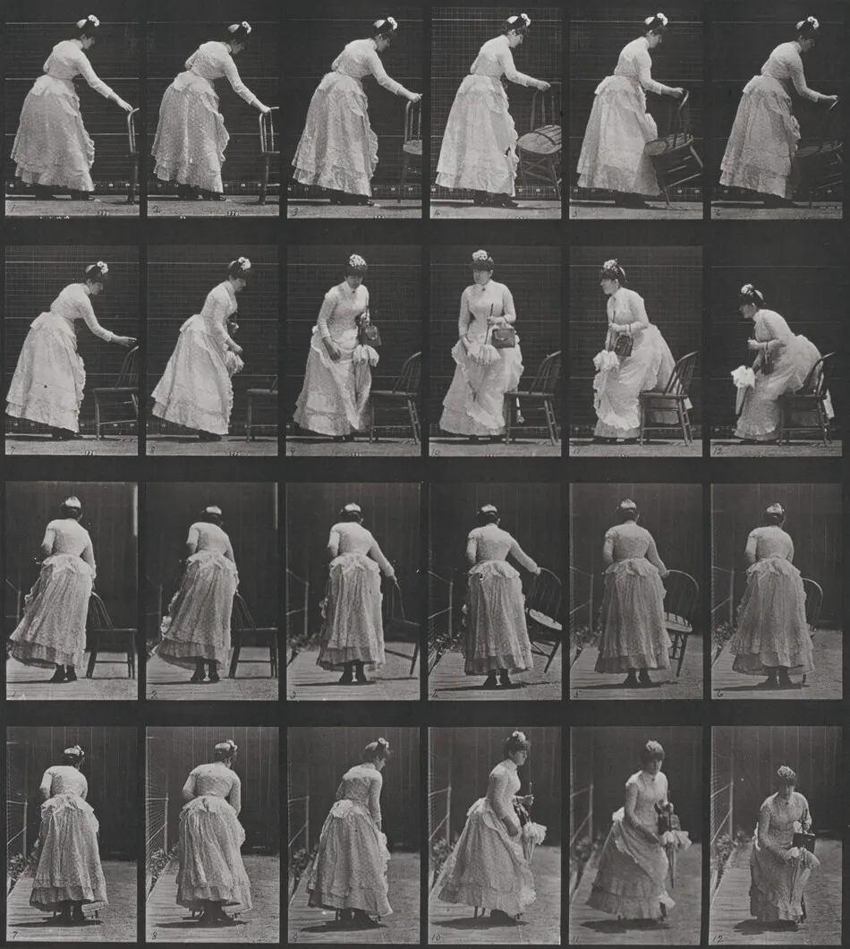 Plate Number 243. Placing a chair and sitting, parasol in left hand by Eadweard Muybridge