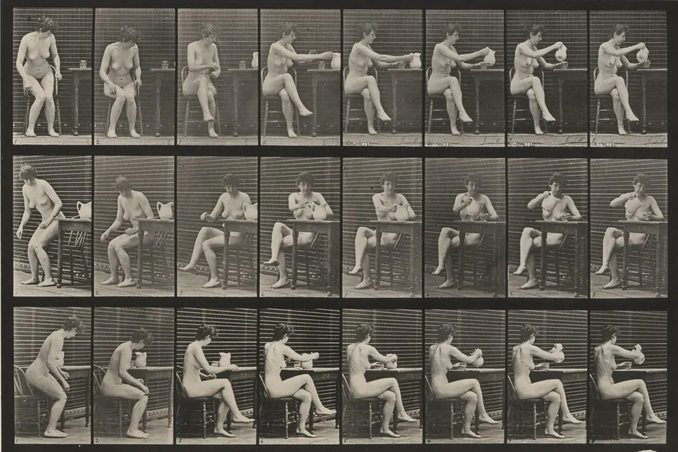 Plate Number 244. Sitting, crossing legs and filling a goblet from a pitcher by Eadweard Muybridge