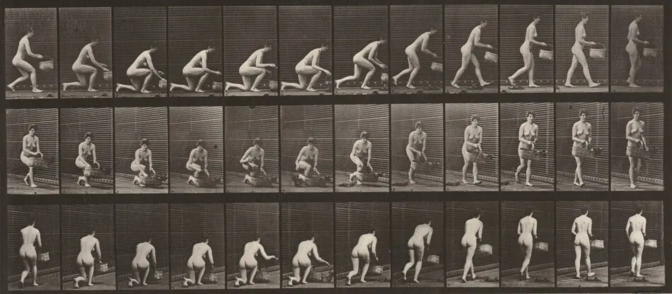 Plate Number 251. Kneeling on left knee with a basket in left hand and rising by Eadweard Muybridge