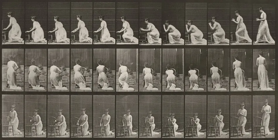 Plate Number 253. Kneeling; elbows on chair and hands clasped by Eadweard Muybridge