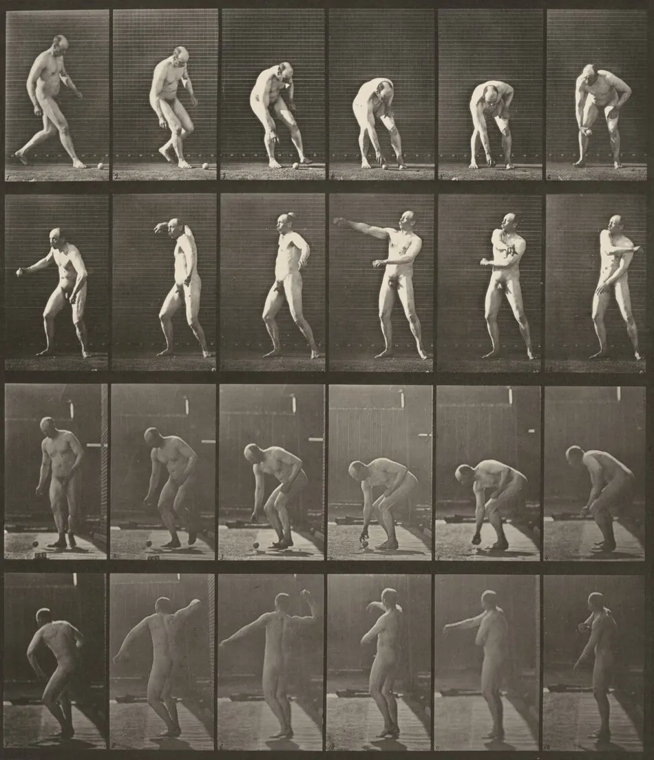 Plate Number 302. Picking up a ball and throwing it by Eadweard Muybridge
