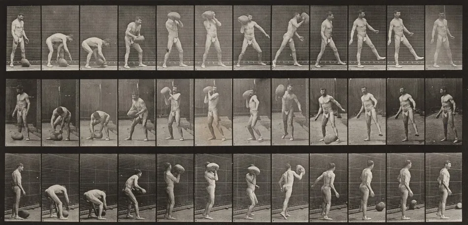 Plate Number 317. Lifting and heaving a 75-lb. rock by Eadweard Muybridge