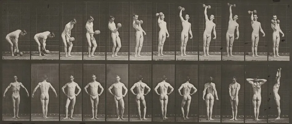 Plate Number 321.  A: Lifting a 50-lb. dumbbell. B: Posing by Eadweard Muybridge