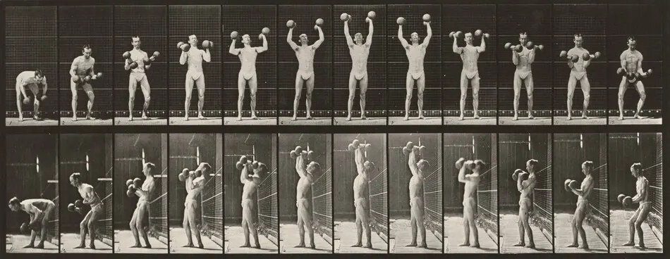 Plate Number 322. Lifting and letting down two 50-lb. dumbbells by Eadweard Muybridge
