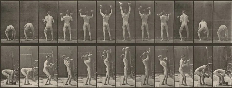 Plate Number 323. Lifting and letting down two 50-lb. dumbbells by Eadweard Muybridge