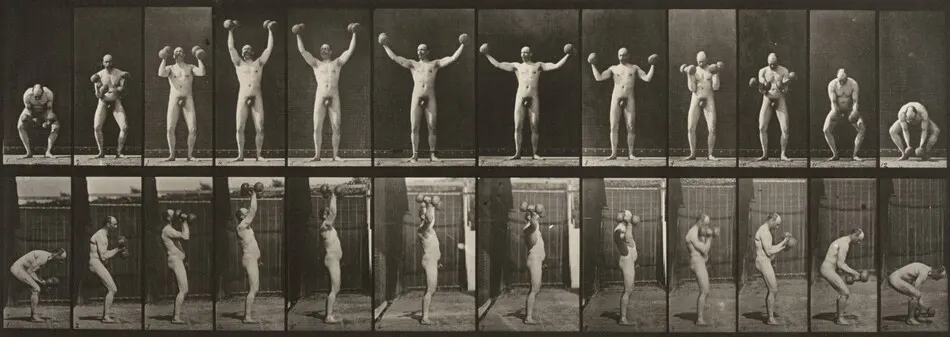 Plate Number 325. Lifting and holding two 50-lb. dumbbells by Eadweard Muybridge