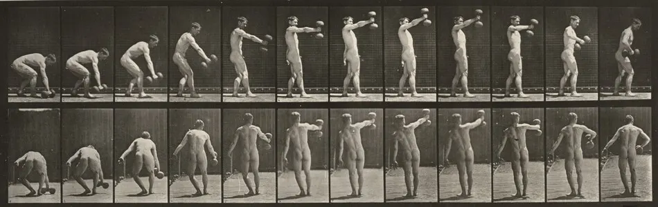 Plate Number 326. Lifting a 50-lb. dumbbell at arm's length by Eadweard Muybridge