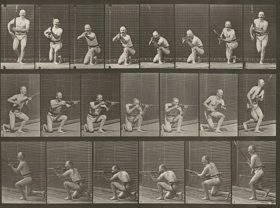 Plate Number 356. Kneeling, firing and rising by Eadweard Muybridge