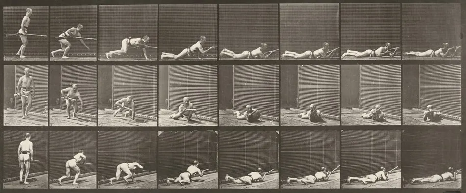 Plate Number 357. Lying prone and firing by Eadweard Muybridge