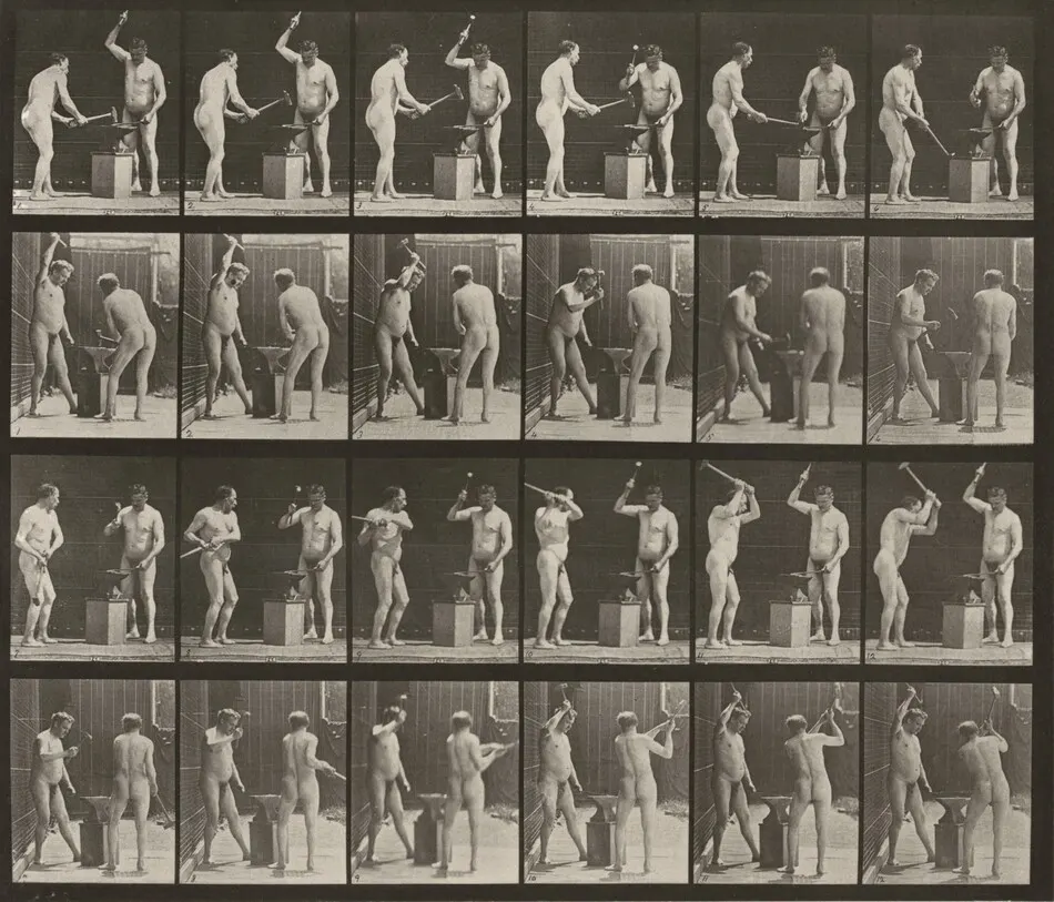 Plate Number 377. Two blacksmiths, hammering on anvil by Eadweard Muybridge