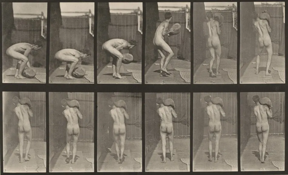 Plate Number 397. Lifting a 75-lb. stone on shoulder by Eadweard Muybridge