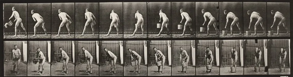 Plate Number 398. Lifting a bucket of water to empty it by Eadweard Muybridge