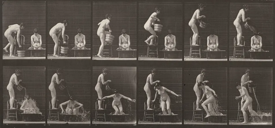 Plate Number 406. Woman pouring a bucket of water over another woman by Eadweard Muybridge
