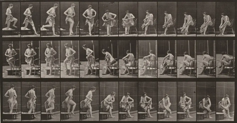 Plate Number 410. Stepping out of a bathtub, sitting and wiping feet by Eadweard Muybridge