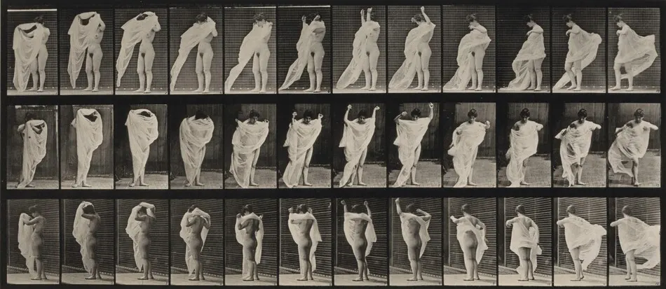 Plate Number 416. Toilet, putting on dress by Eadweard Muybridge