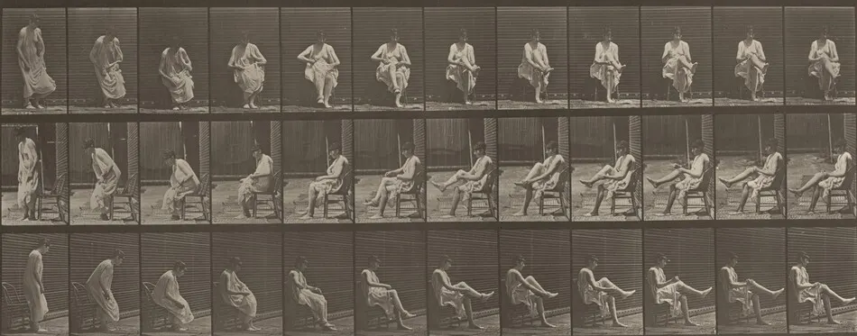 Plate Number 417. Toilet, sitting and putting on stockings by Eadweard Muybridge