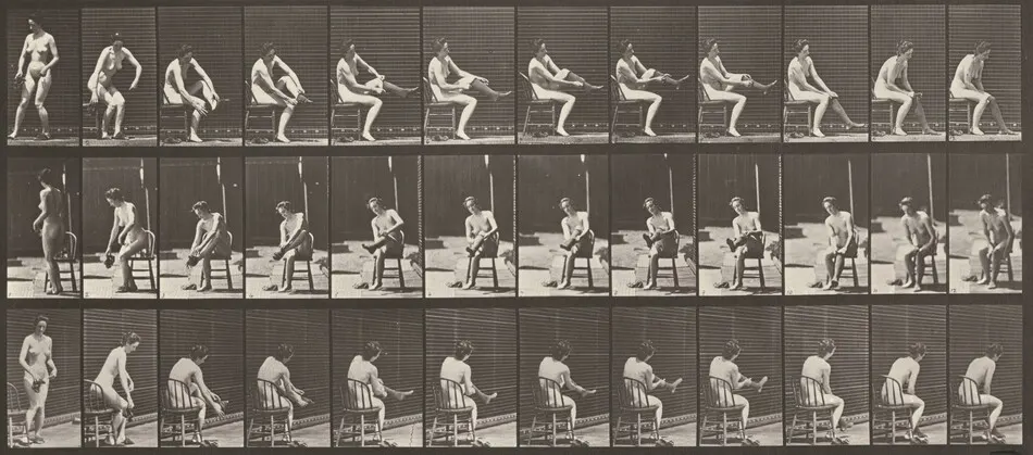 Plate Number 418. Toilet, sitting and putting on stockings by Eadweard Muybridge