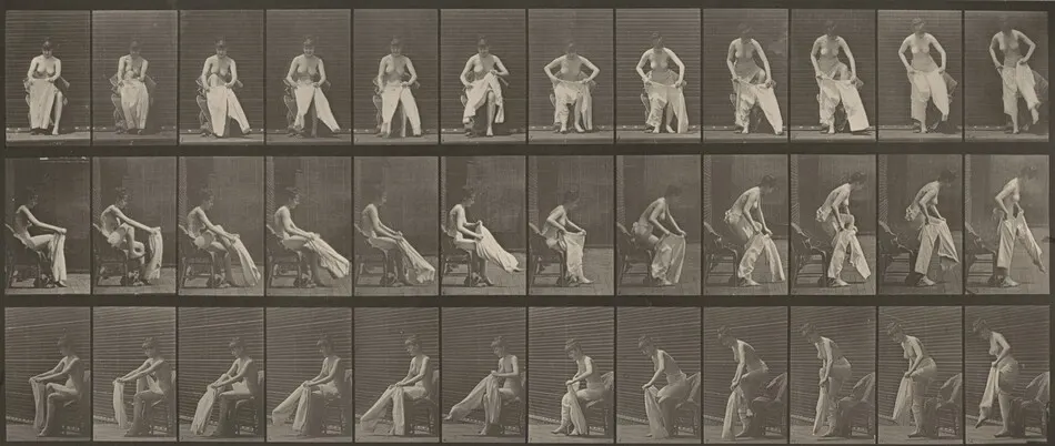 Plate Number 420. Toilet, rising from chair and putting on clothing by Eadweard Muybridge