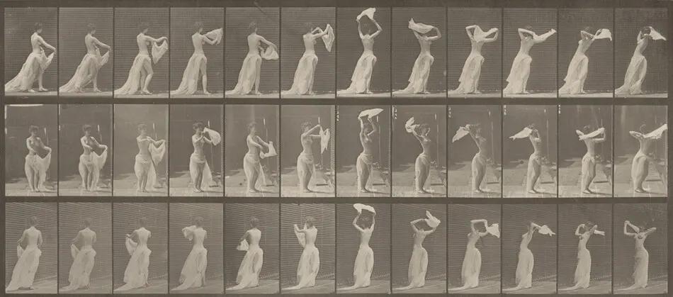 Plate Number 421. Toilet, throwing handkerchief around shoulders by Eadweard Muybridge